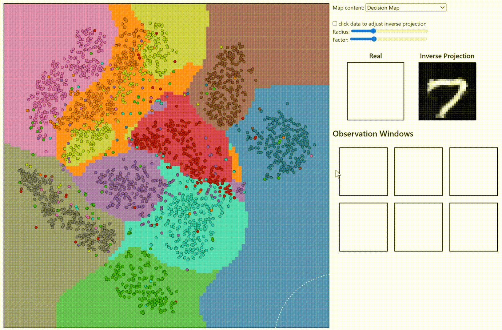 Browser decision map demo showing MNIST embedding and inverse projection previews